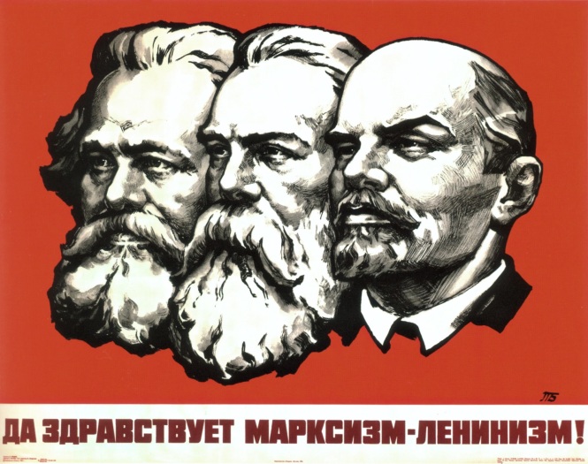 De grondleggers van het marxisme-leninisme. Van links naar rechts: Karl Marx, Friedrich Engels en Vladimir Lenin